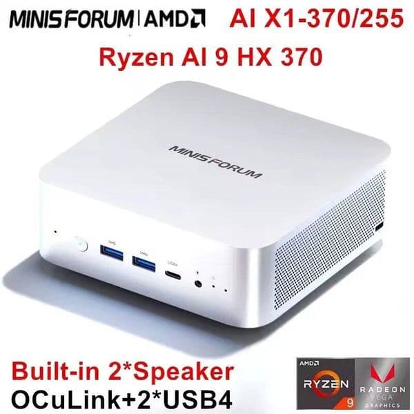 MINISFORUM AI X1 370 255 Gaming Mini PC AMD Ryzen AI 9 HX 370 R7 255 OCuLink 2USB4 Built-in Dual Speaker Desktop Computer WiFi7