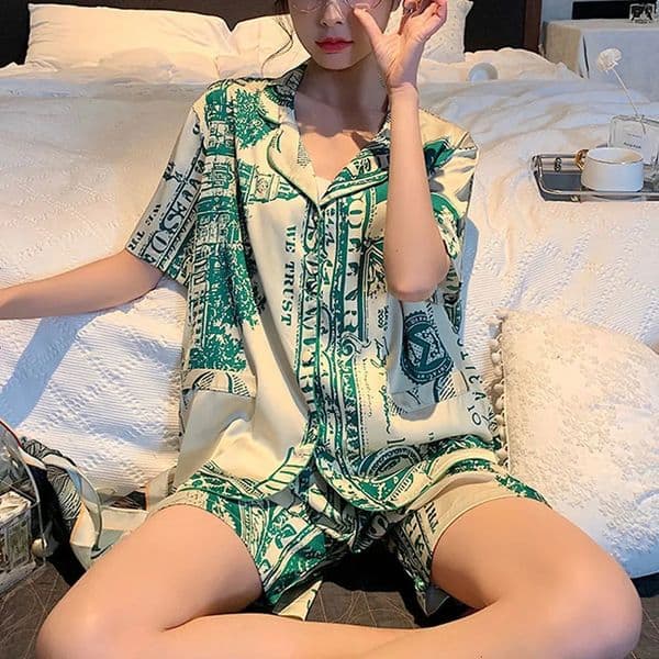 Sexy Evening Dress Womens Silk Green Open Collar Short Sleeve Home Clothes 2PCS Set Soft Breathable Pajamas 250421