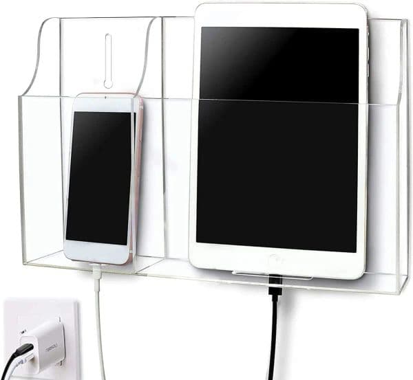 Pansyling Clear Wall Mounted Acrylic Phone Holder Tablet Charging Stand, Large Remote Control Holder Wall Mobile Phone Plug Hold