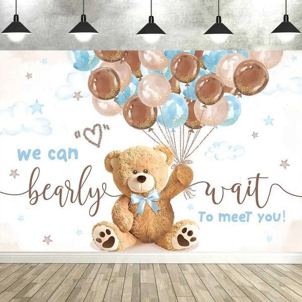 We Can Bearly Wait BackdropBear Baby Shower Decorations Cute Cartoon Balloons Party Newborn Photo Photography Backgrounds DecorW251121