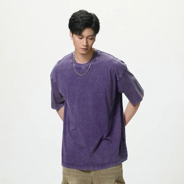 8995 American trend cotton mens solid color short sleeved wash Tshirt loose casual top multicolor style 250418