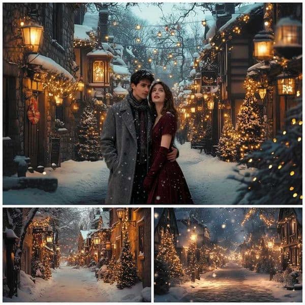 Winter Christmas Photography Backdrops Snowy Street Warm Light Xmas Tree Decor Family Holiday Celebration Portrait BackgroundsW251121