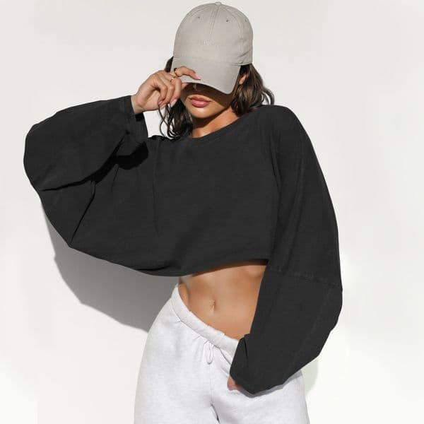 Umbilical round neck sweatshirt European and American women's short sports base shirt T-shirt knitted shirt long sleeved top