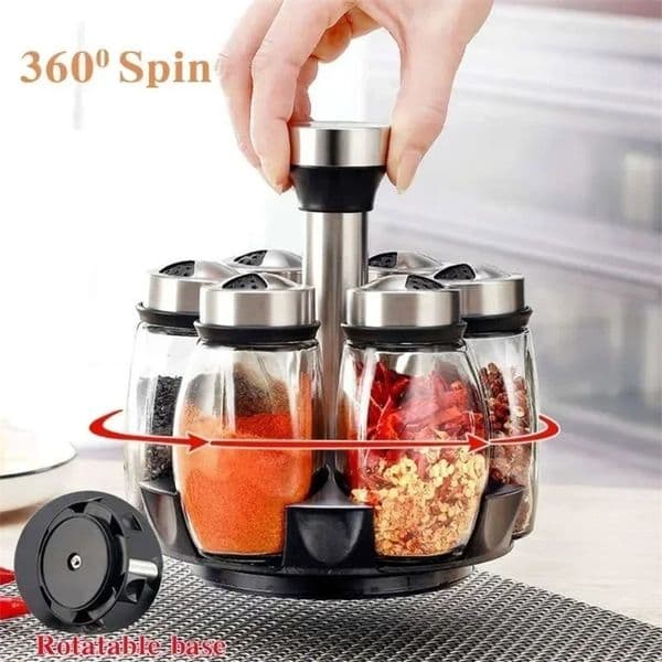 7pcs Spice Jar Set Rack Glass Organizer Rotating Glass Seasoning Sugar Pepper Bottles Salt Shakers Holder Kitchen Storage Rack 251114ww