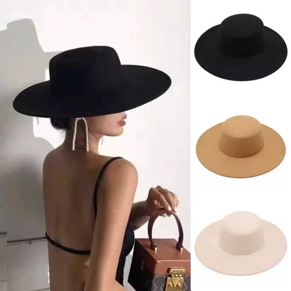 Fashionable flat top wool hat jazz hat mixed Fe formal top hat elegant flat top wide Brim felt hat party hat X250421