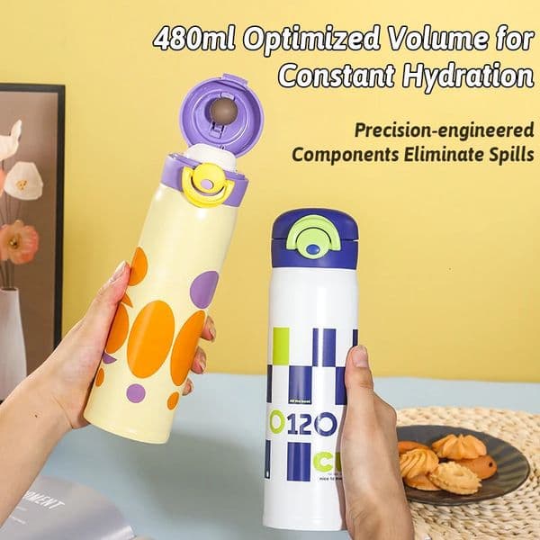 Thermos 480ml stainless steel one touch insulated cup portable leak proof and cold beverage bottle pink yellow blue brown 250421