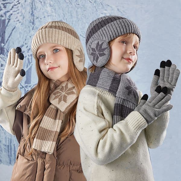 Children's Hat and Scarf GlovesSet for Boys and Girls Fleece-Lined Ear Protection Winter Warm Knitted Beanie free shipping