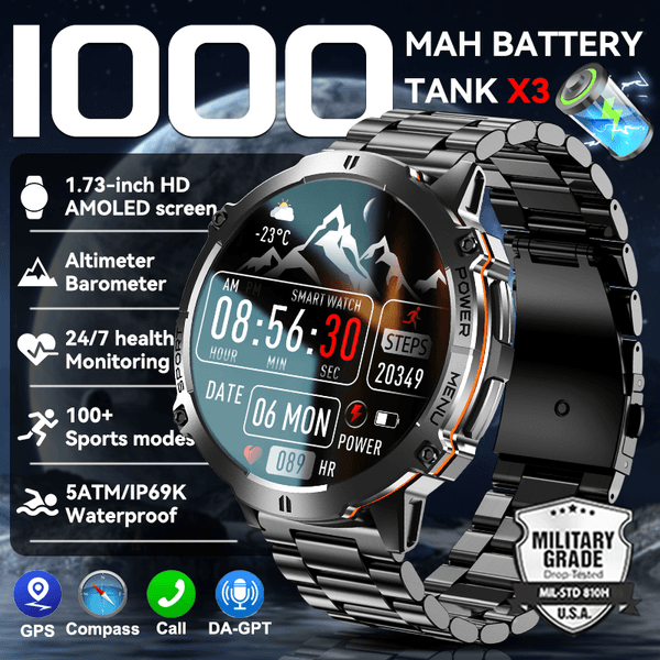 2026 New TANK X3 1000mAh Large Battery Durable Adult Smart Watch GPS Compass Altimeter 5ATM Waterproof BT Call Sports Smartwatch Men