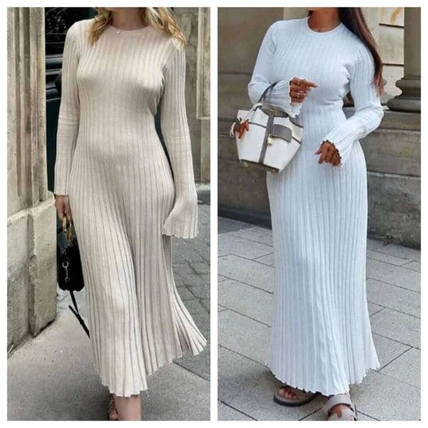Women Elegant Solid Pleated Knitted Maxi Dress Casual Round Neck Long Sleeve Lace Up Dresses Autumn Lady High Street Robes