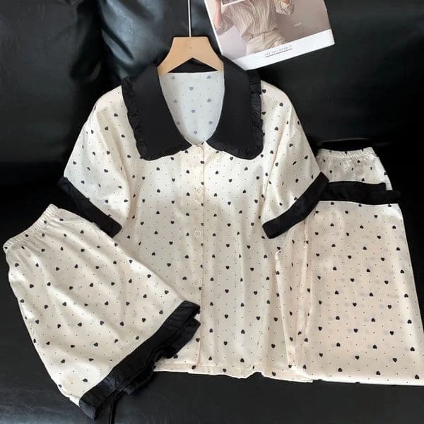 Summer Korean Ice Silk Princess Style Doll Collar Love Pajamas Three piece Comfortable Home Clothes Clothing 250421BJ