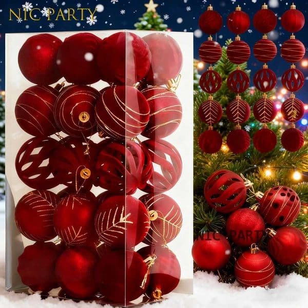 6CM 30PCS Christmas Balls Red Flocked Christmas Tree Hanging Ornaments Merry Christmas Spheres Pendant New Year Gifts Home DecorW251121