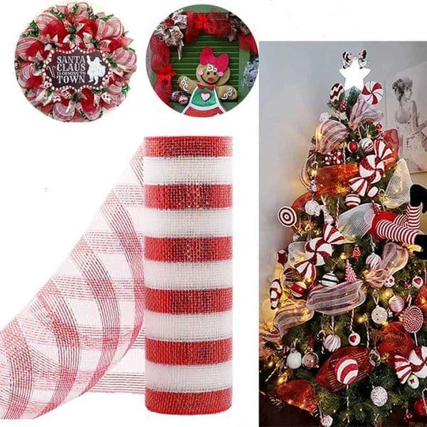 10Yard Christmas Red White Metallic Mesh Ribbon Xmas Tree Candy Cane Decoration Ornament DIY Wreath Bow 2025 New Year Gift 26cmW251121