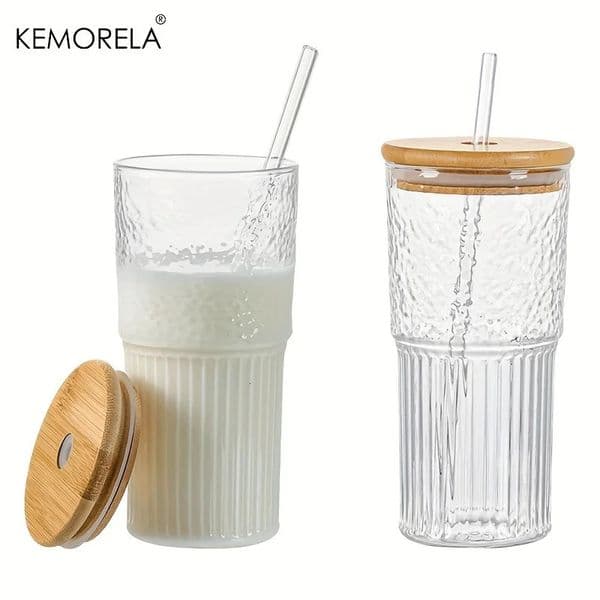 500ml ribbon glass cup with lid and straw for drinking cocktail beer iced coffee juice tea 250421