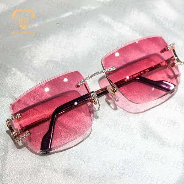 Hip Hop Jewelry Sunglasses Pink Lens Yellow Gold Plated Iced Out Men VVS Moissanite Glasses Dripiceco