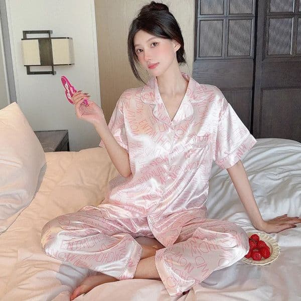 Summer Advanced Sense of Light y Ice Silk Cool Feeling Pajamas Ms Sweet Letters All Print Homewear Short Sleeve Set 250421