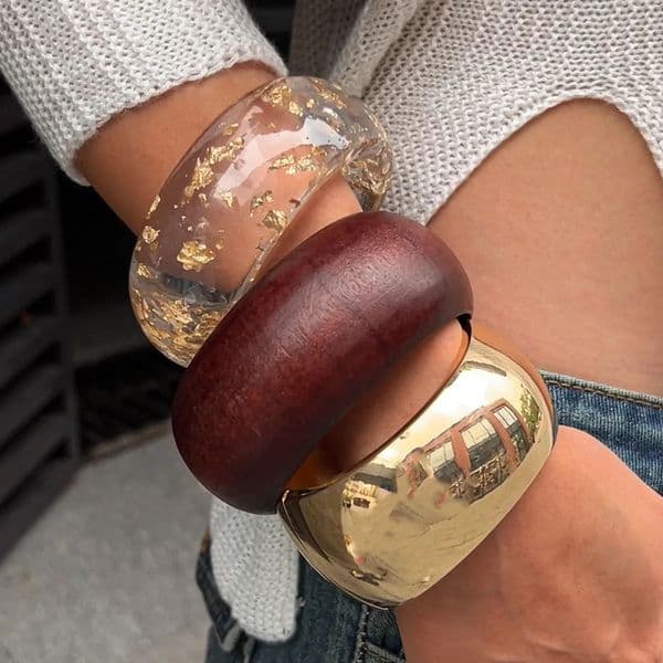 Ingemark Exaggerated Unique Acrylic Wood Alloy Wide Bracelet Suitable for Womens Fashion Creativity Short and Stackable Handmade Jewel 250421