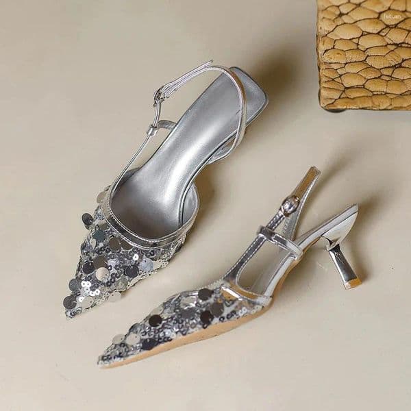 Sandals Beige Heeled 2025 Women's Female Shoe Bling Black Stiletto Elastic Band Retro Silver Girls Closed High Clear