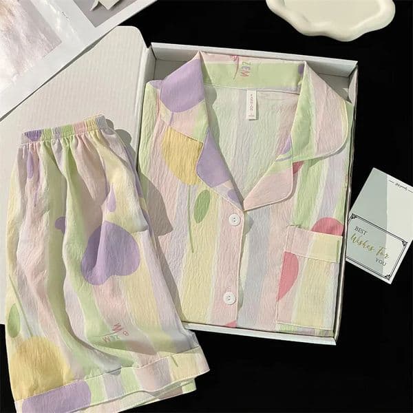 Womens cotton sweet sleepwear set twopiece Pj casual wear button style womens 250421