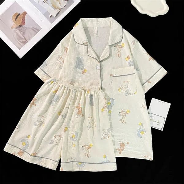 Summer Soft Cotton Womens Pajama Set Button Top Shorts 2piece Cute Kawaii Casual Wear 250421BJ