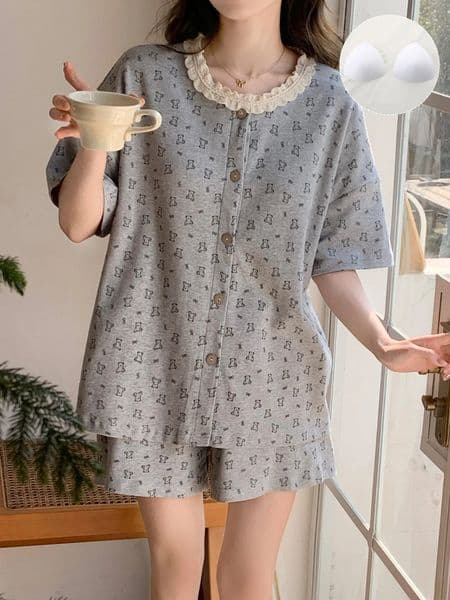 2piece cardigan wool sweater pajamas with chest cushion simple highend gray lace 250421