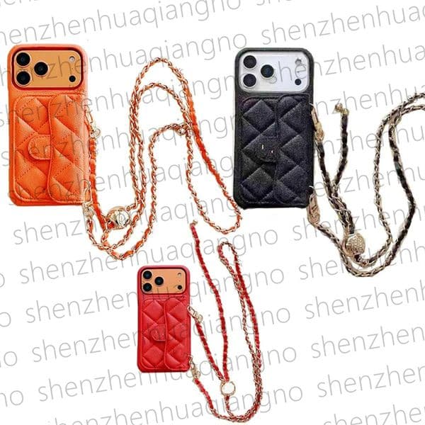 Crossbody Designer Phone Case for Apple iPhone 17 16 15 14 13 12 11 Luxury Caviar Leather Chains Card Holder Strap Velvet Lining Hard Shell Back Cover Coque Funda Orange