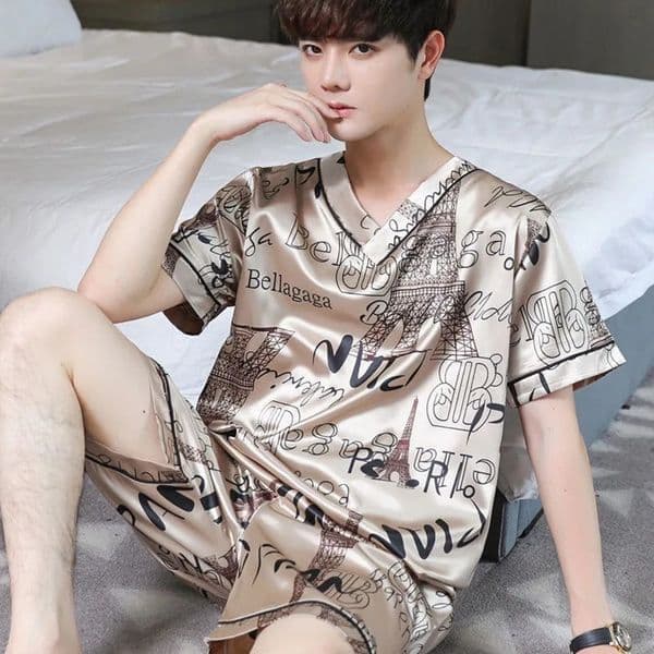 Pajamas mens ice silk thin short sleeved twopiece set Korean loose fit plus size home clothing with letters 250421