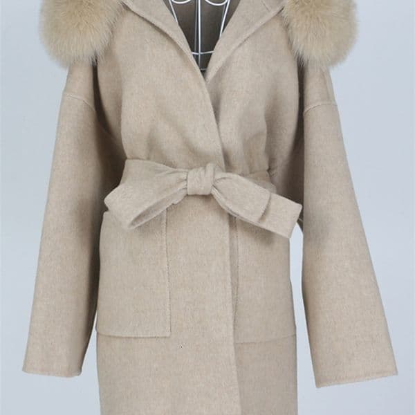 OFTBUY Oversize Loose Cashmere Wool Blends Real Fur Coat Winter Jacket Women Natural Fox Collar Hood Outerwear Belt 251120