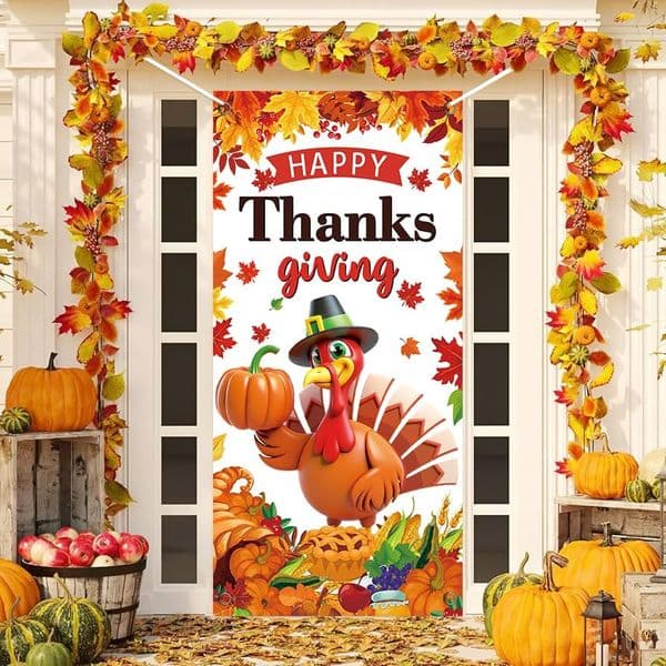 Thanksgiving Door Cover Decor Fall Pumpkin Turkey Backdrop Autumn Party Supplies