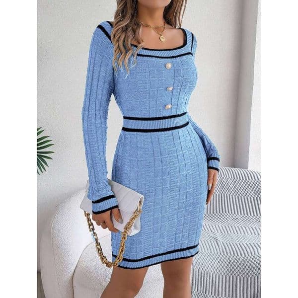 Autumn Winter Casual Elegant Square Collar Button Decoration Knitted Long Sleeve Bodycon Dress For Women