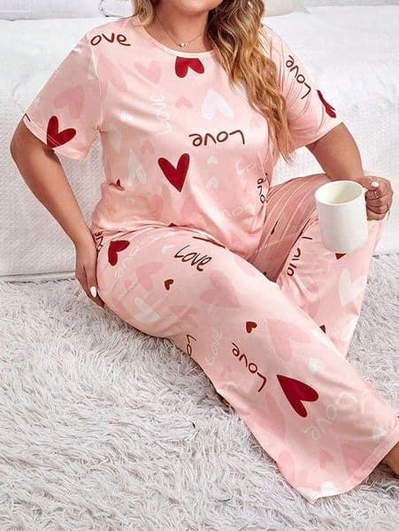 Womens casual heartshaped printed pajama set with short sleeved top and soft elastic pants comfortable relaxed fit jacket Pjs 250421BJ