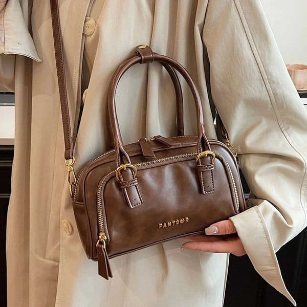 Womens Fashion Boston Bag Solid Color Armrest Bowling Bag Design Wallet and Handbag PU Leather Shoulder Bag Z250421