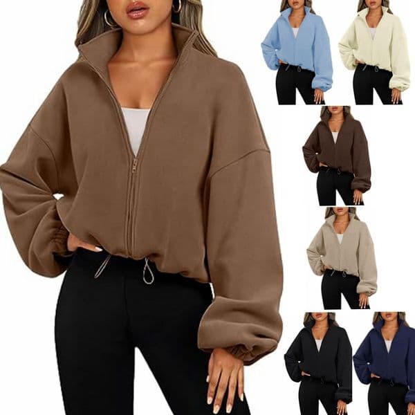 Yoga suit sweatshirt long full zipper jacket, fleece sports jacket, stand up collar with fleece zipper jacket