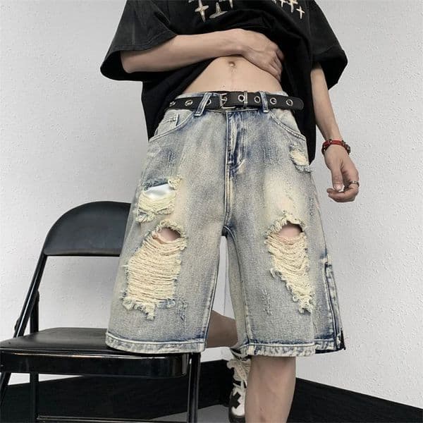 Mens high street ripped denim loose and handsome shorts 250420BJ
