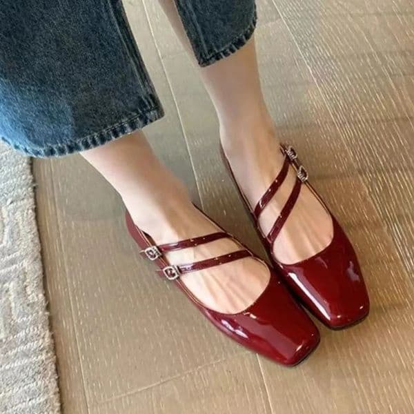 Womens Flats Patent Leather Mary Janes Shoes Square Toe Double Buckle er Shoes Black Red Low Heels Female Autumn 1667N 250421