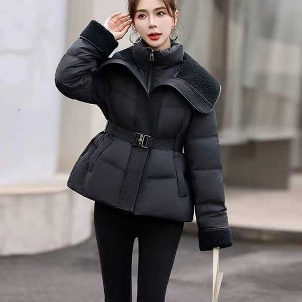 Womens Lamb Collar Patchwork Puffer Coat 2025 Winter New Short Down cotton Outerwear Long Sleeve Warm Waist Casual Zip Jacket Z251124