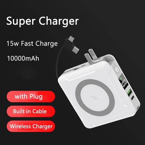 5 in 1 Power bank 10000mAh 15W Magnetic Qi Wireless Charger Powerbank Fast Charging for iPhone Huawei Xiaomi Built in Cable Plug