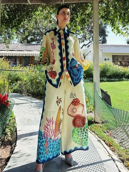 Womens casual loose lantern sleeve shirt two-piece set summer patch work retro printed wide leg pants set fashionable womens clothingXJ250421
