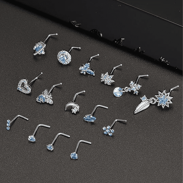 20G Nose Rings Studs Stainless Steel L Shaped Nose Stud CZ Butterfly Planet Star Leaf Bee Moon Heart Flower Dangle Piercing Jewelry for Women Men Blue