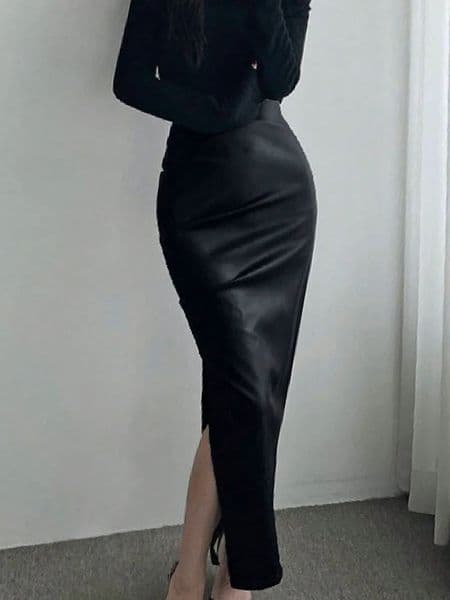 Womens PU skiing summer black sexy Split Maxi streetwear fashion zipper womens version casual slimming club party 250422