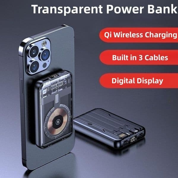 20000mAh Transparent Power Bank Magnetic Qi Wireless Charger for iPhone 14 13 12 Xiaomi Powerbank Portable Charger Spare Battery