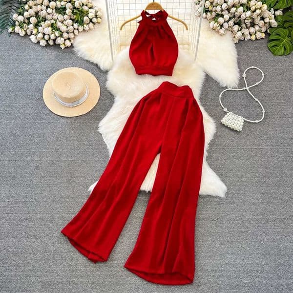 GreenBlackRed Summer Two Piece Set Women Sexy Strap Short Tops High Waist Wide Leg Pants Female Suit 250421