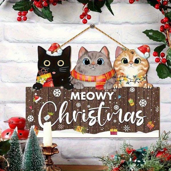 1pc 2D Flat 2D Flat Christmas Wooden Hanging Ornament - Set of 3 Cats with Santa Hats and Scarves Suitable for Living RoomW251122