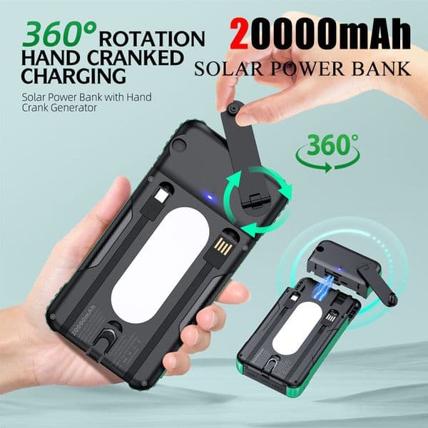2026 Hand Crank Solar Power Bank 20000mAh With Cable LED Light Outdoor Portable Charger Powerbank for iPhone 16 Xiaomi Samsung Huawei
