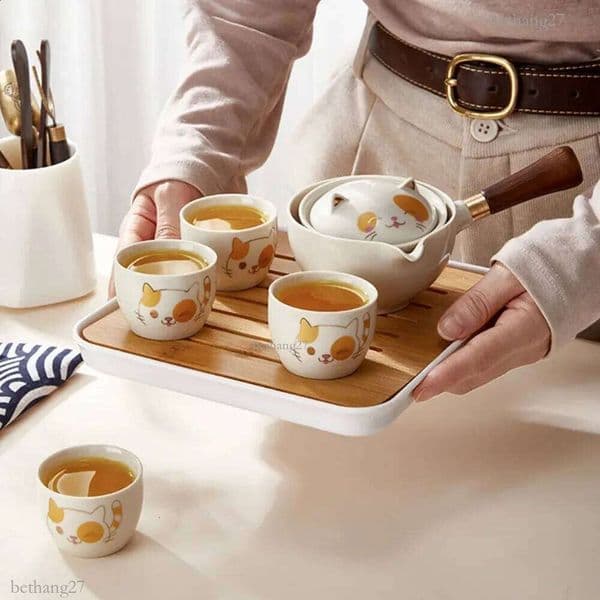 5/7PCS Exquisite Lucky Cat Teapot Set Durable 360 Rotating Kung Fu Tea Pot Set Simple Bubble Tea Set 240726 K260225 Y260520
