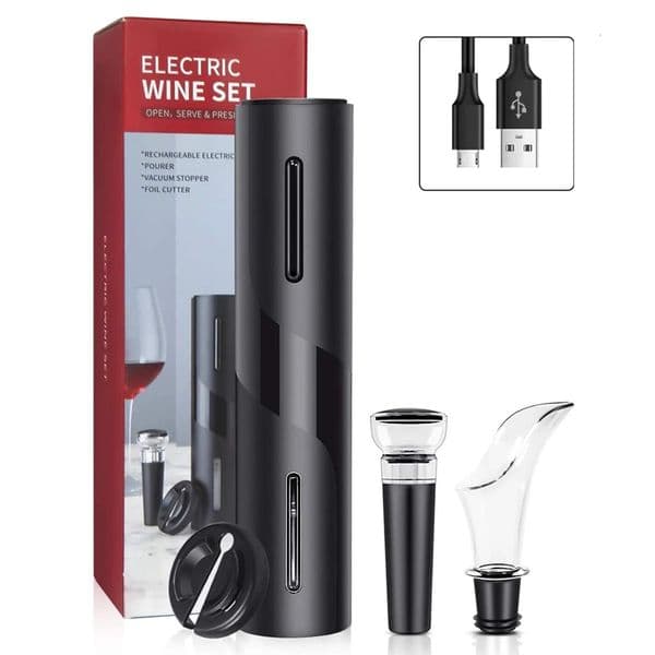 4 in 1 Electric Wine Bottle Opener USB Rechargable Automatic Red Wine Corkscrew Foil Cutter Vacuum Stopper Aerator Pourer Set 250421BJ