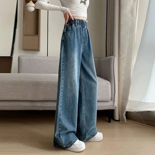 Oversized denim Trouser womens tracking straight wide leg loose high waist ultrafine lace fringe pants 250417