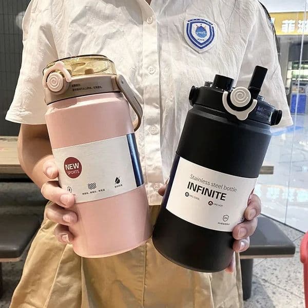 1L12L water bottle stainless steel large capacity vacuum valve with straw roller cold drink cup gym 250422