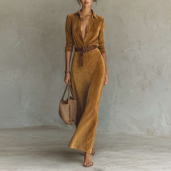 Autumn Winter Suede Waist-Cinching Long Fashionable Elegant Shirt Dress With Belt
