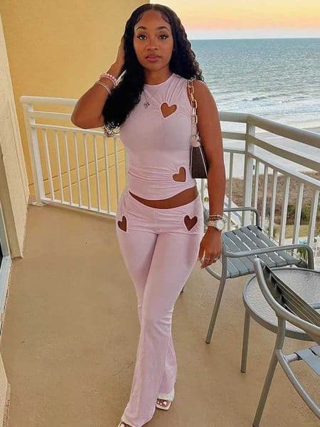Kliou Heart Hollow Womens 2-piece Summer New Casual Sleeveless O-neck Tank Top+High Waist Tight Pants Womens Basic Street ClothingXJ250421