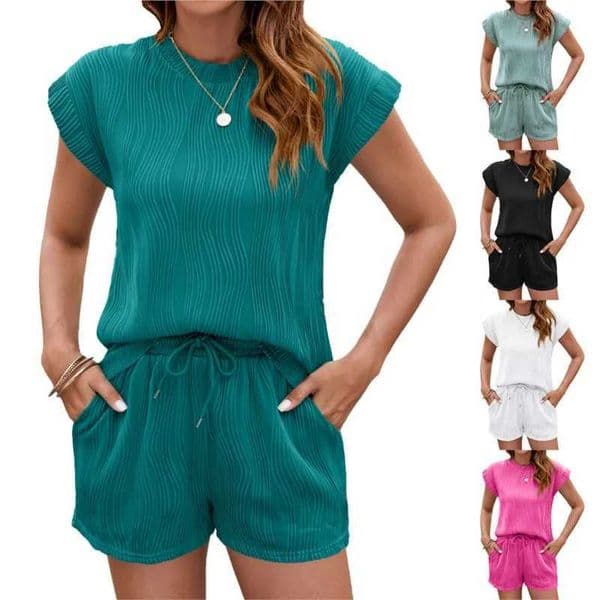Womens short sleeved suit simple texture round neckline at the top loose solid color casual style drawstring shorts setXJ250421